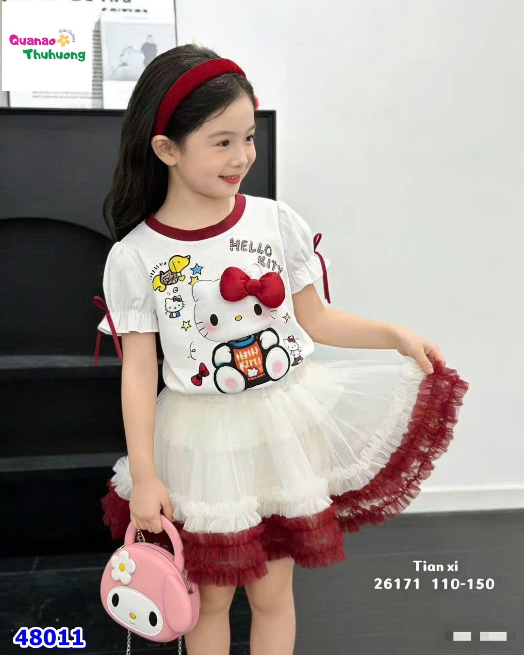 Set váy tutu viền đỏ, áo trắng Kitty