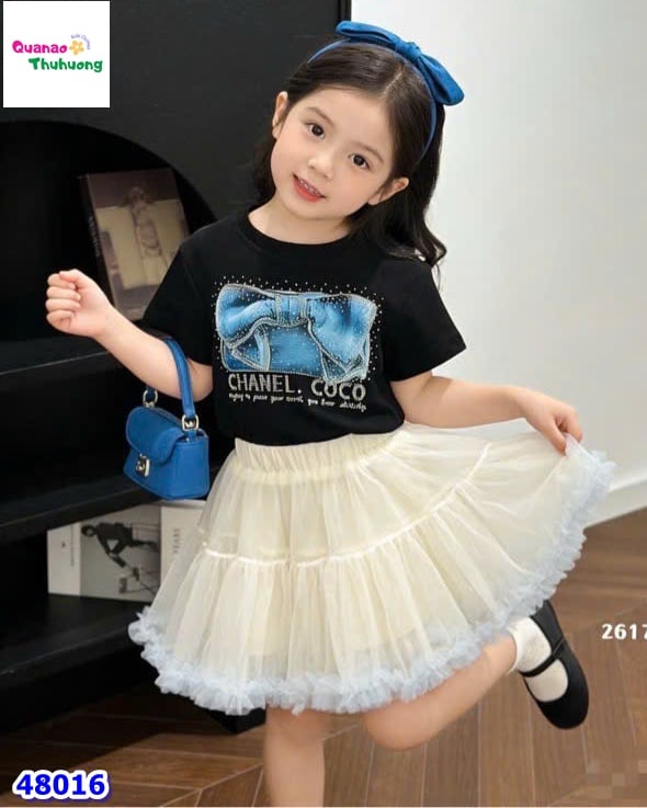 Set váy tutu viền xanh, áo đen nơ