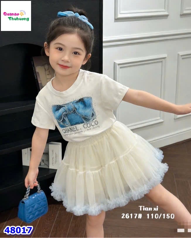 Set váy tutu viền xanh, áo trắng nơ