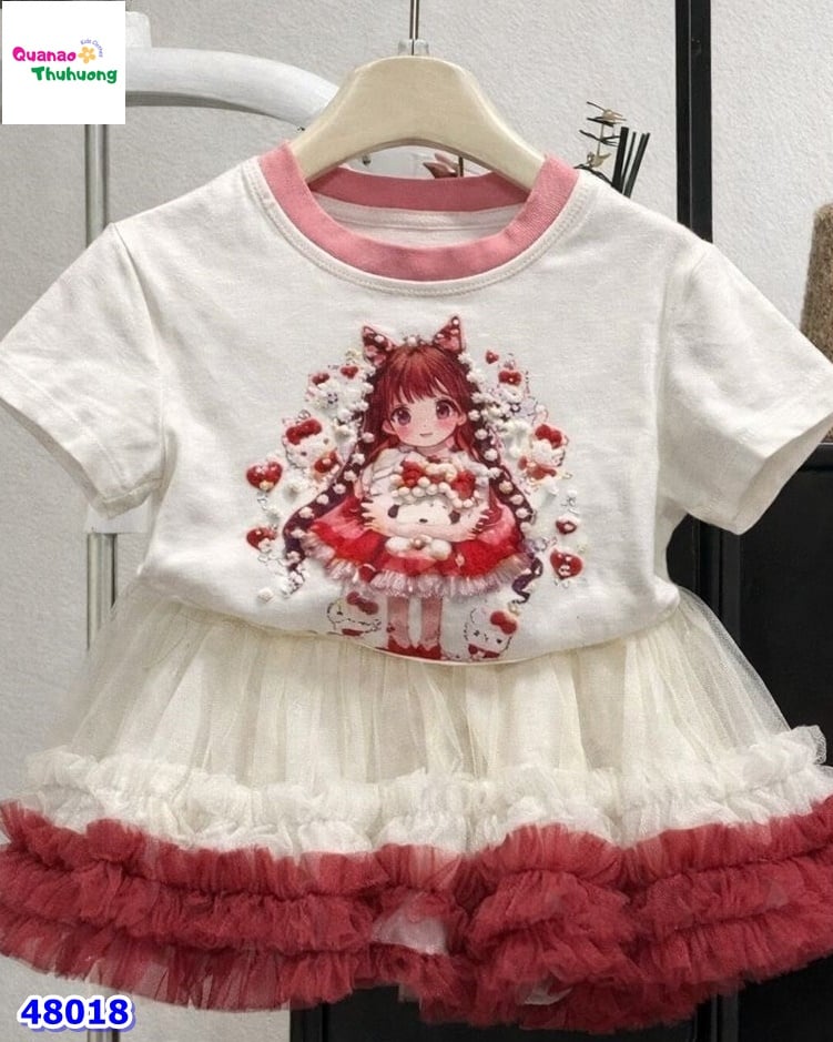 Set váy viền đỏ, áo trắng cô gái