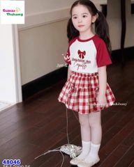 Set váy J&J trắng tay đỏ nơ, váy bí caro đỏ