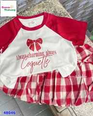 Set váy J&J trắng tay đỏ nơ, váy bí caro đỏ