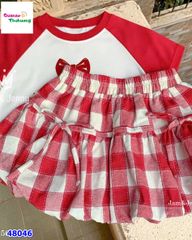 Set váy J&J trắng tay đỏ nơ, váy bí caro đỏ