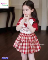 Set váy J&J trắng tay đỏ nơ, váy bí caro đỏ
