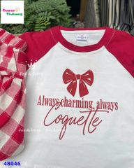 Set váy J&J trắng tay đỏ nơ, váy bí caro đỏ