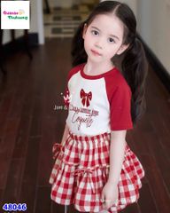 Set váy J&J trắng tay đỏ nơ, váy bí caro đỏ