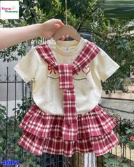 Set váy MLS trắng khăn choàng caro đỏ