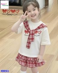 Set váy MLS trắng khăn choàng caro đỏ