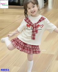 Set váy MLS trắng khăn choàng caro đỏ