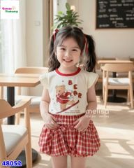 Set váy MLS kem gấu nâu, váy bí caro đỏ