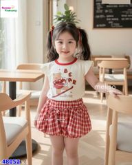 Set váy MLS kem gấu nâu, váy bí caro đỏ