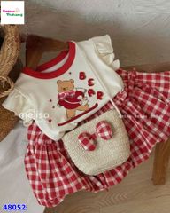 Set váy MLS kem gấu nâu, váy bí caro đỏ