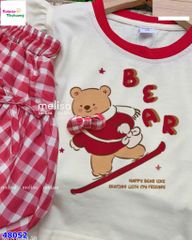 Set váy MLS kem gấu nâu, váy bí caro đỏ