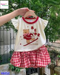 Set váy MLS kem gấu nâu, váy bí caro đỏ