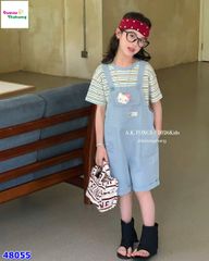 Set quần yếm xanh, áo sọc xanh