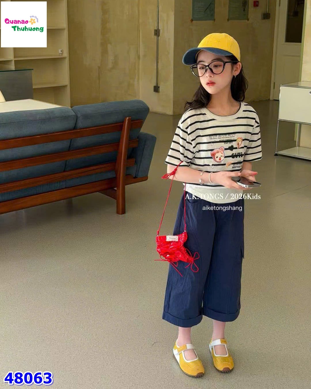 Set áo sọc xanh đen Cute, quần xanh đen