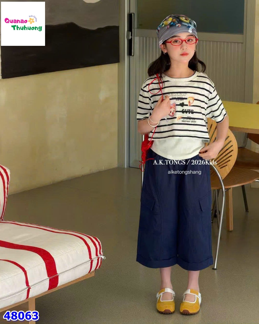 Set áo sọc xanh đen Cute, quần xanh đen