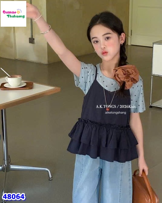 Set áo xanh chấm bi, quần Jean