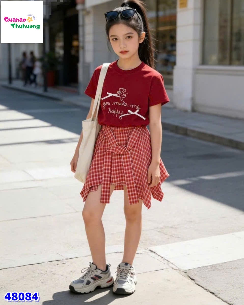 Set áo đỏ đính nơ, chân váy caro đỏ