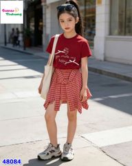 Set áo đỏ đính nơ, chân váy caro đỏ