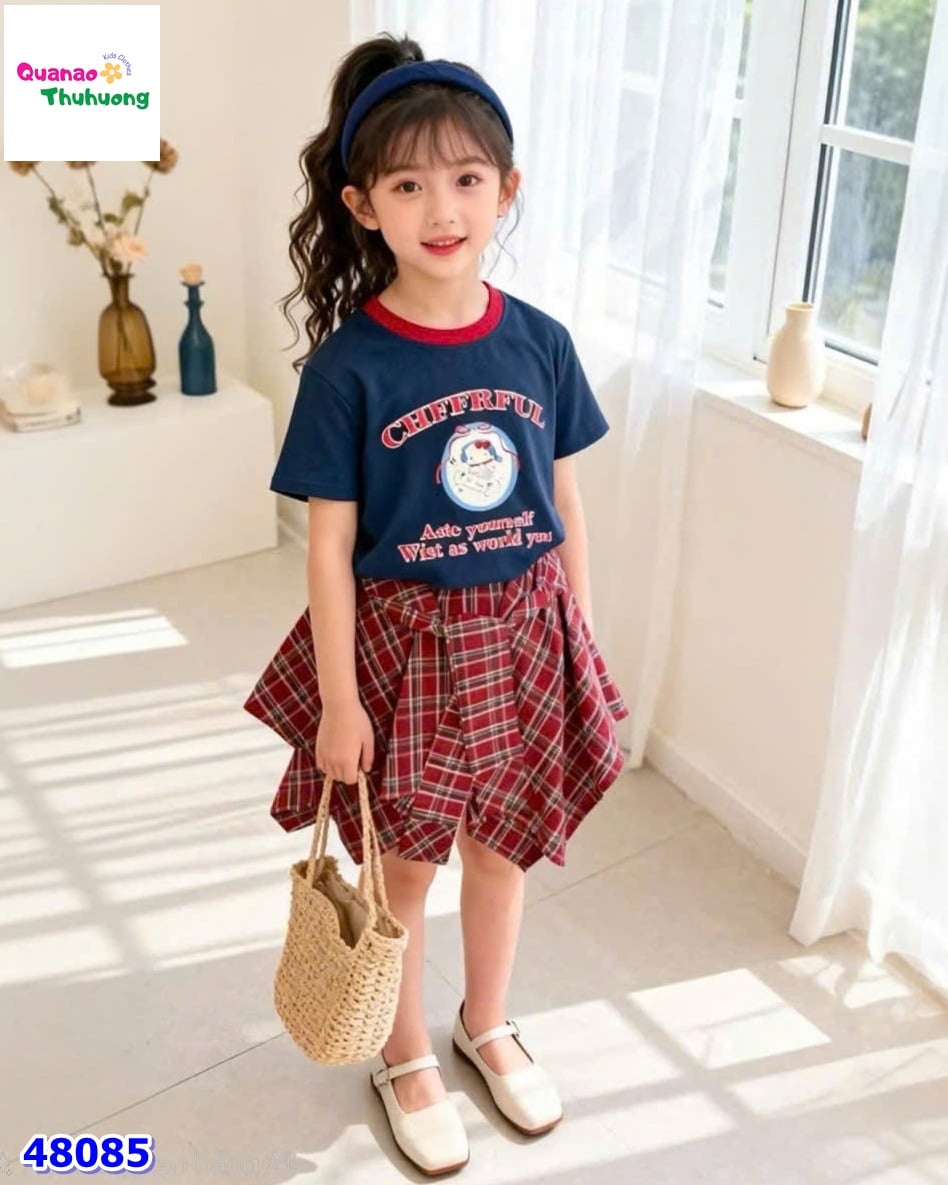 Set áo xanh đen Kitty, chân váy caro đỏ