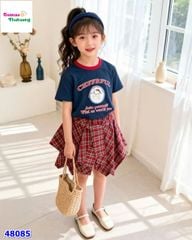 Set áo xanh đen Kitty, chân váy caro đỏ