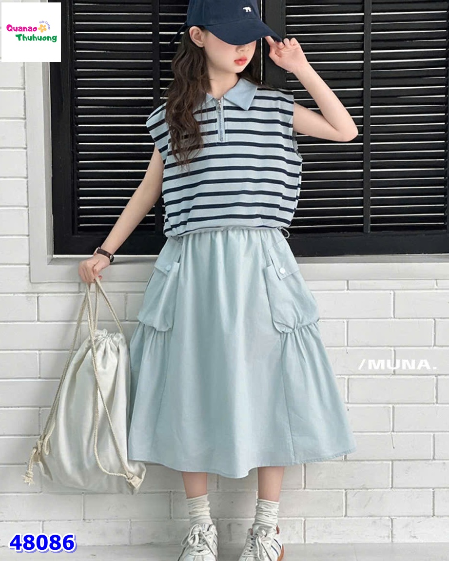 Set váy xanh, áo sọc xanh