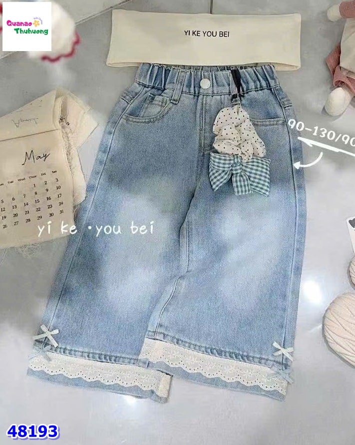 Quần jean dài xanh viền ren nơ