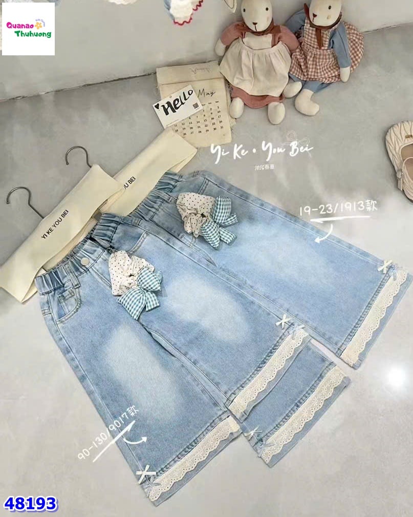 Quần jean dài xanh viền ren nơ