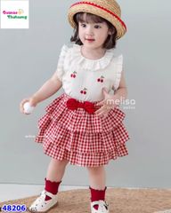 Set MLS trắng Cherry, chân váy caro đỏ