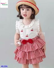 Set MLS trắng Cherry, chân váy caro đỏ