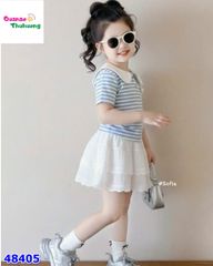 Set váy Sofia sọc xanh đính nơ