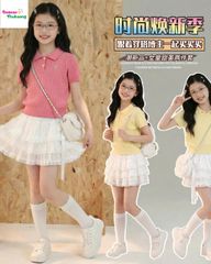 Set áo polo vàng, váy trắng