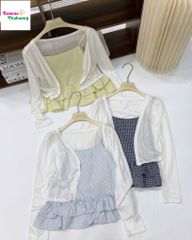 Set áo dây xanh đậm caro + khoác trắng