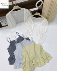 Set áo dây xanh đậm caro + khoác trắng