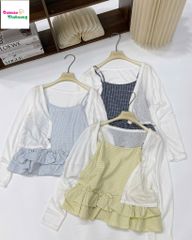 Set áo dây xanh đậm caro + khoác trắng