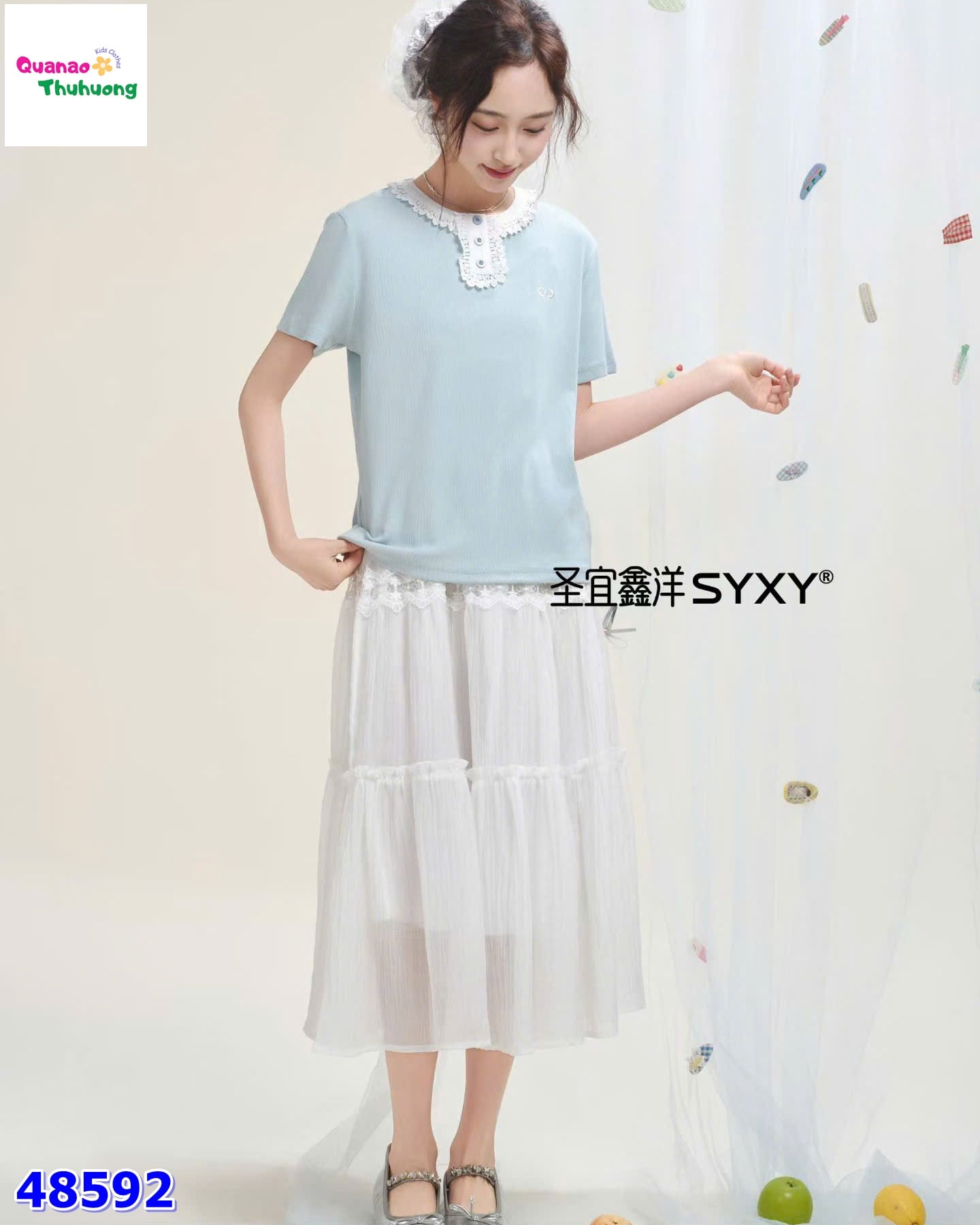 Set áo xanh, chân váy trắng