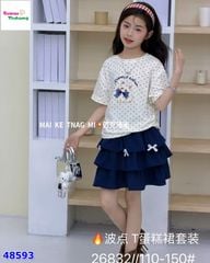 Set áo kem chấm bi mèo nơ xanh