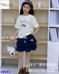 Set áo kem chấm bi mèo nơ xanh