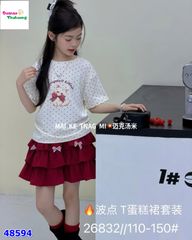 Set áo kem chấm bi mèo nơ đỏ