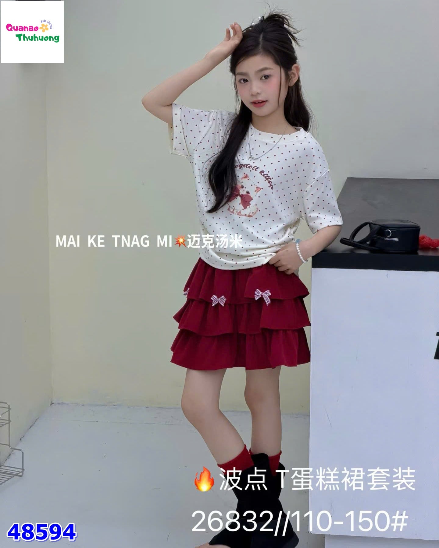 Set áo kem chấm bi mèo nơ đỏ