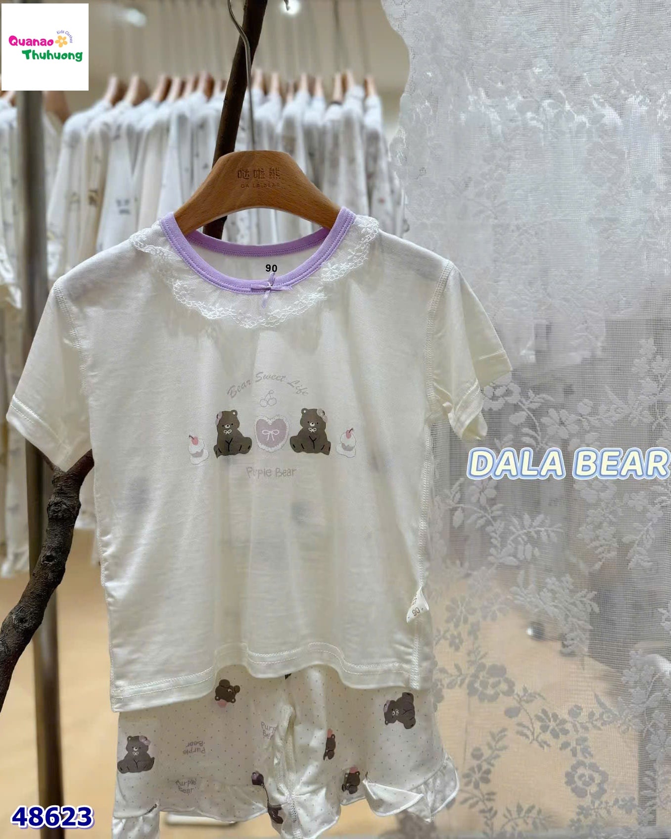 Bộ Tencel kem gấu trái tim tím