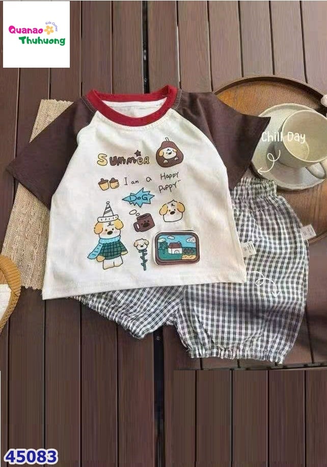 Set bộ trắng Puppy tay nâu, quần caro