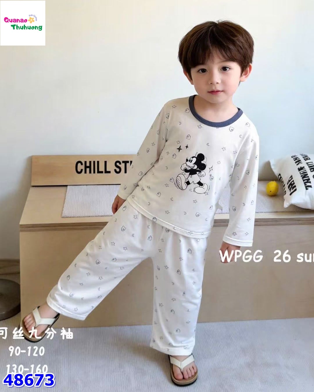 Bộ Tencel dài trắng Mickey