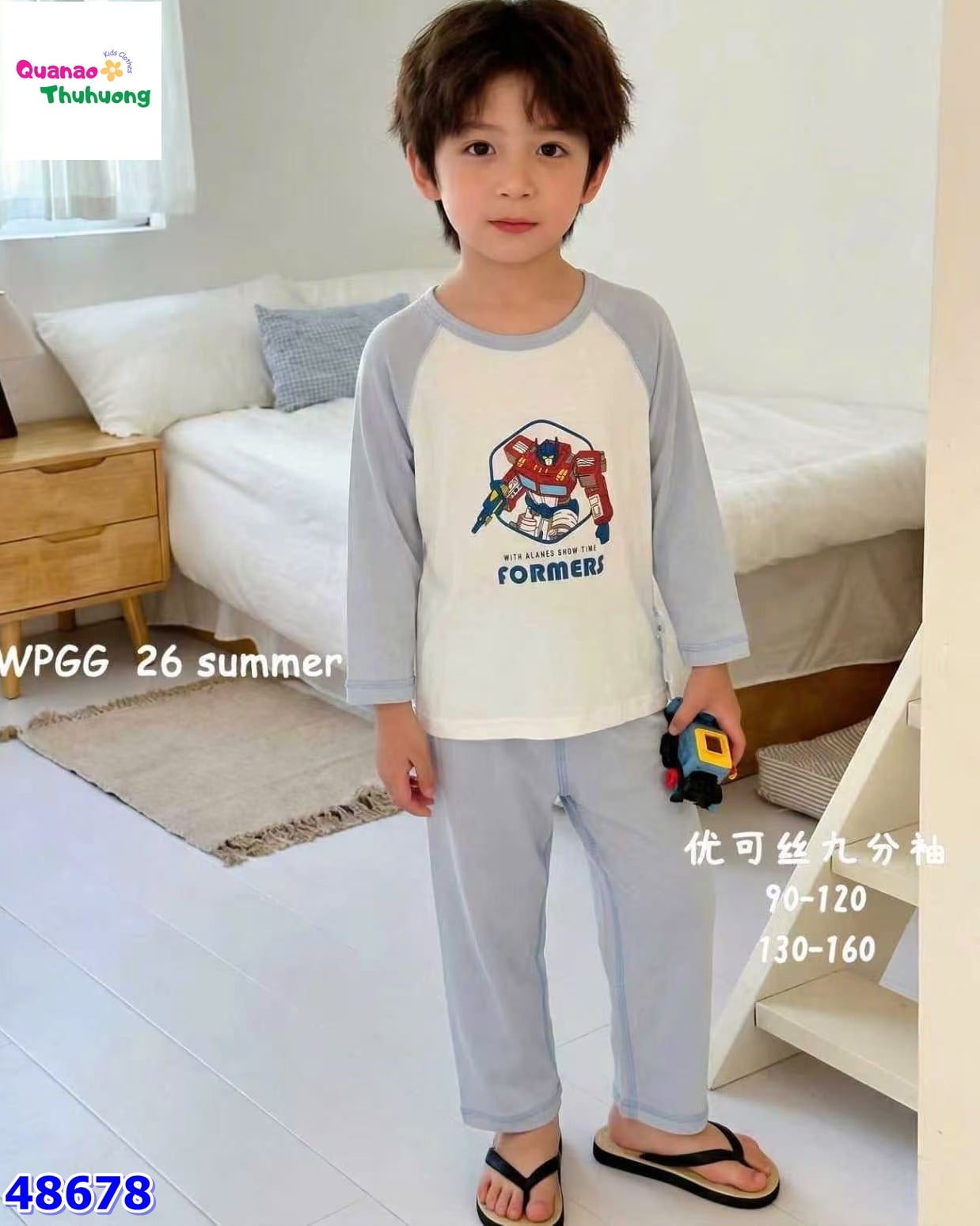 Bộ Tencel dài trắng robot tay xanh