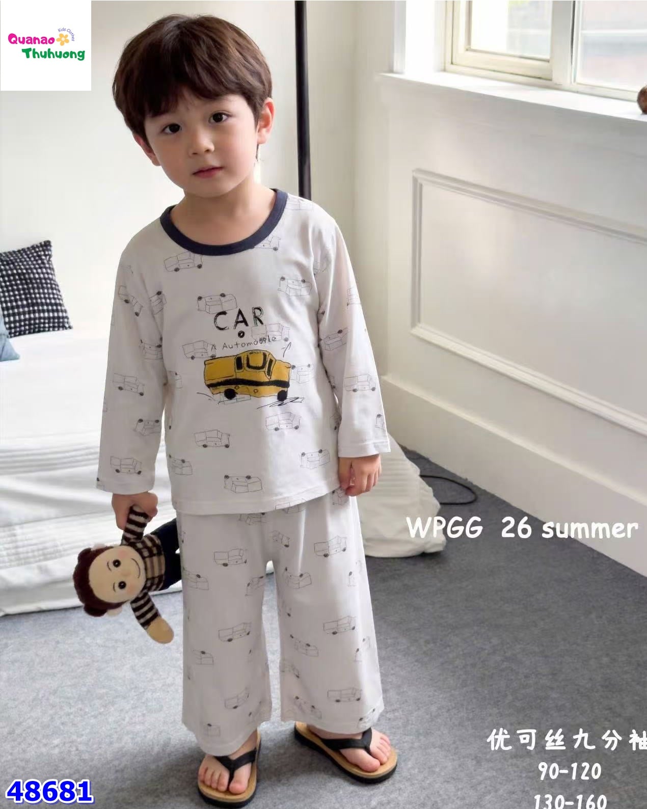 Bộ Tencel dài trắng xe oto vàng