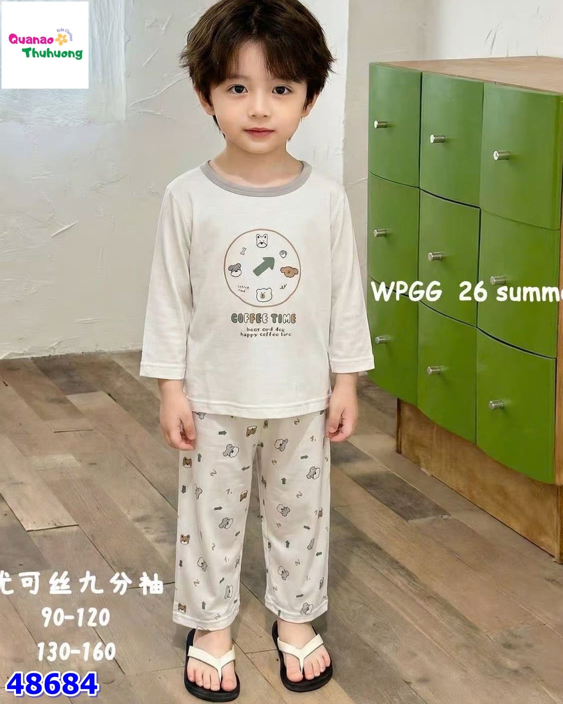 Bộ Tencel dài trắng gấu và chó