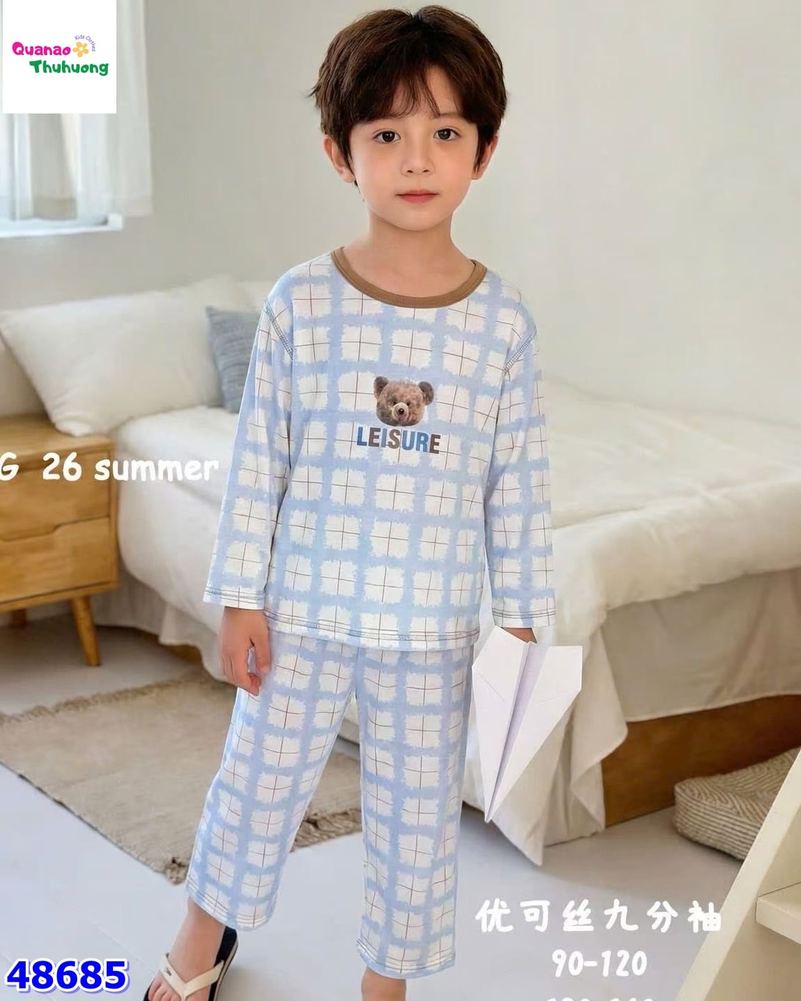 Bộ Tencel dài caro xanh gấu