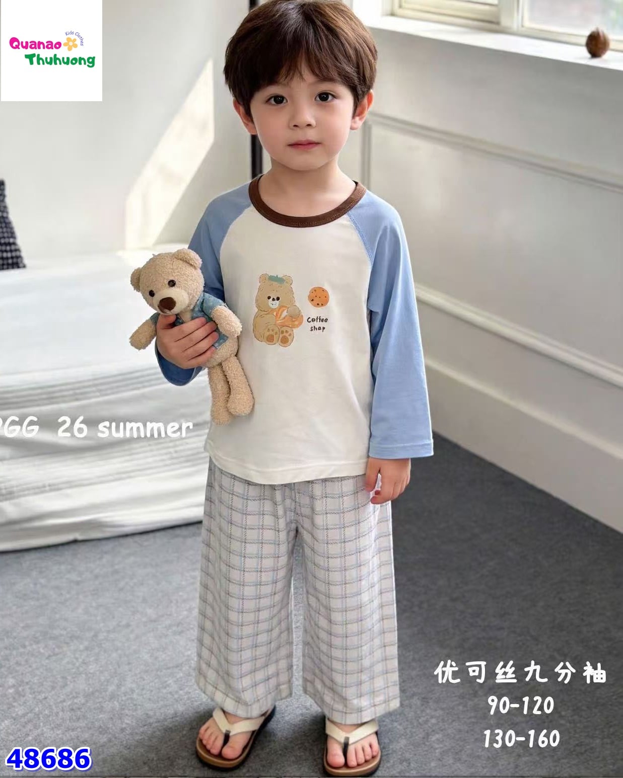 Bộ Tencel dài trắng gấu coffe shop