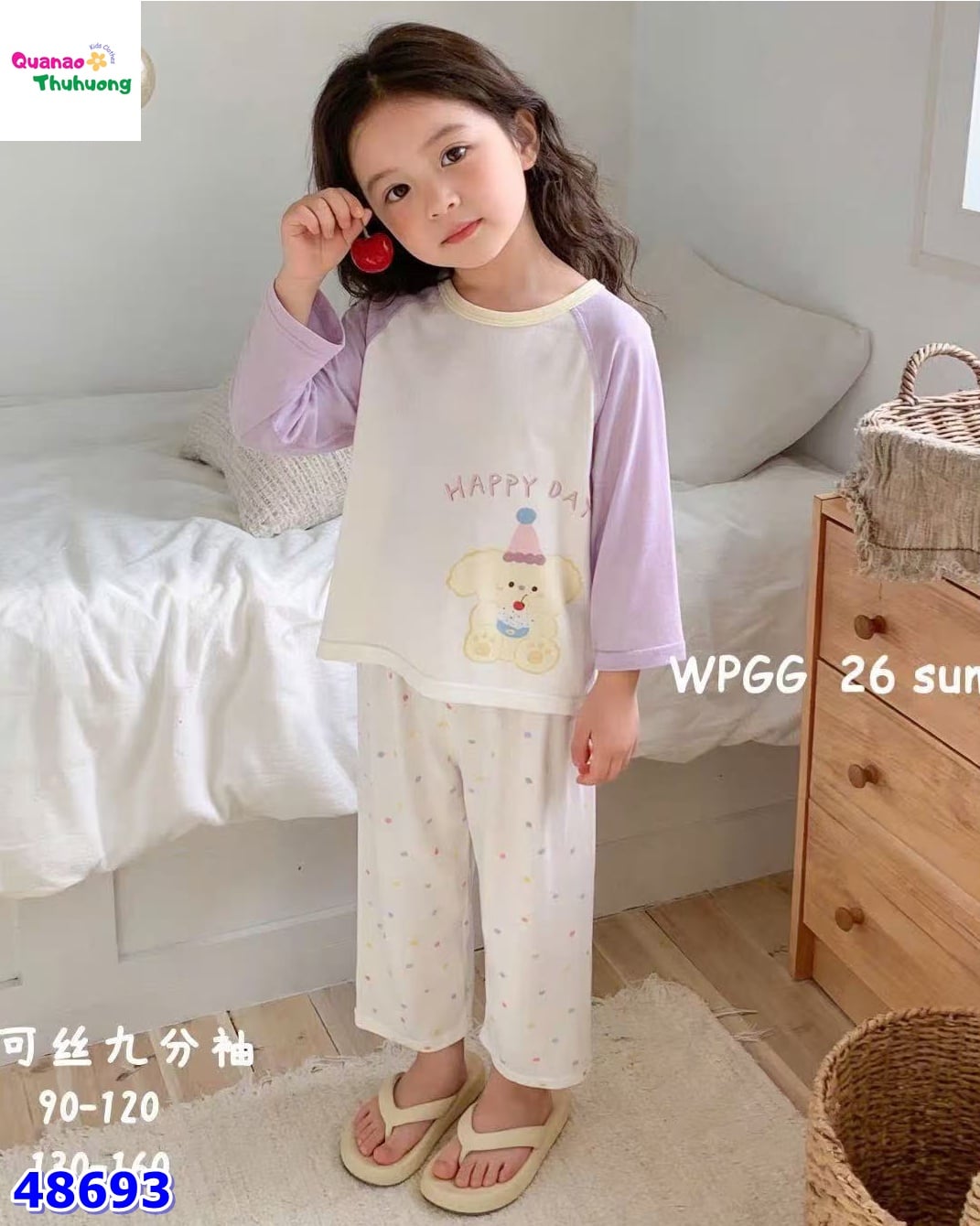 Bộ Tencel dài trắng gấu happyday